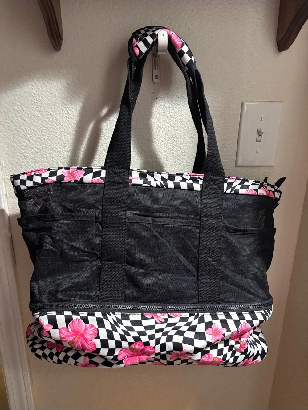 Black Tote Bag with Pink Floral Checker Trim